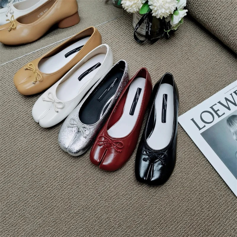 IPPEUM Red Ballet Flats Split Toe Shoes Women Mary Janes Leather Fashion Low Heel Ballerinas Mujer 240904
