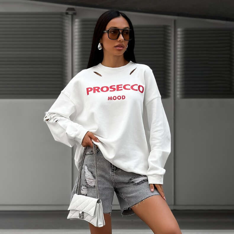Round neck letter hole sweatshirt fashionable ins style mid length loose print pullover top niche