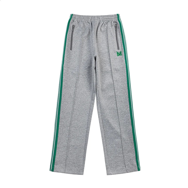 Trend Green Stripe Webbing Vintage Nee dles Grey Sweatpants Mens Womens Jogging Casual Drawstring Trousers 240904