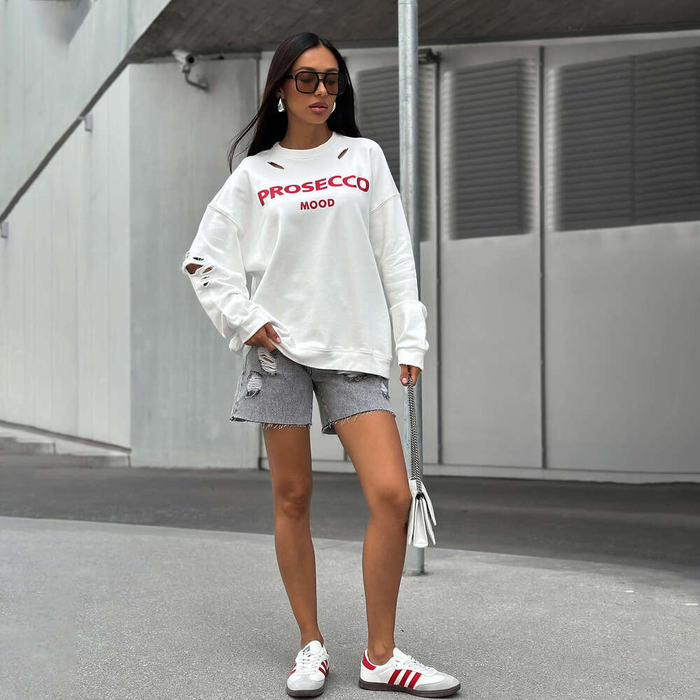 Round neck letter hole sweatshirt fashionable ins style mid length loose print pullover top niche