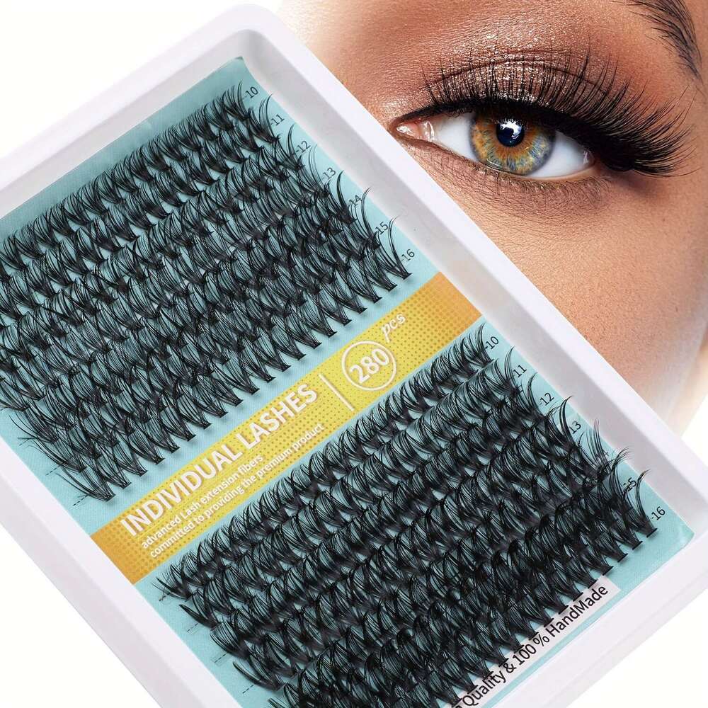 DIY extension kit containing 280 individual eyelashes, equipped with tweezers, glue, makeup remover, eyelash brush suitable for home, travel, and outd
