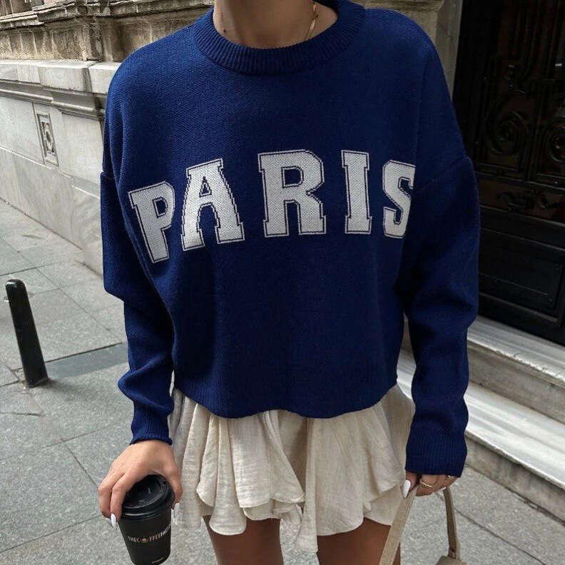 Round neck letter loose short pullover sweater versatile autumn and winter, street wide ribbed knit top with lazy style for women