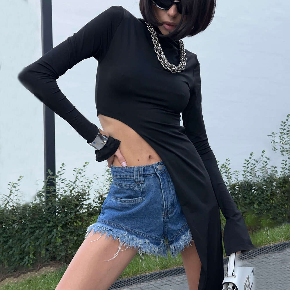 Half high neck slim fit irregular hem side trailing sweater with minimalist design for autumn and winter, showing off a slimming knit top