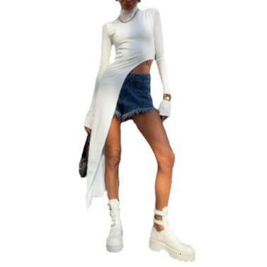 Half high neck slim fit irregular hem side trailing sweater with minimalist design for autumn and winter, showing off a slimming knit top