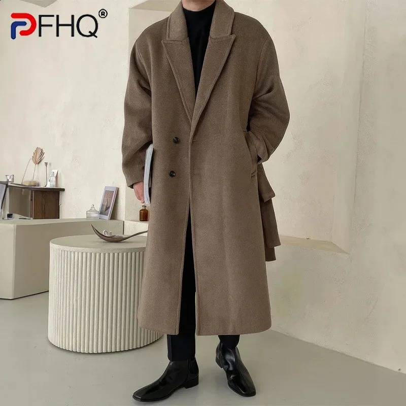 PFHQ Korean Fashion Over Knee Trench Coat Medium Long Loose 2024 Solid Color Casual Male Simple Tops 21Z6031 240904