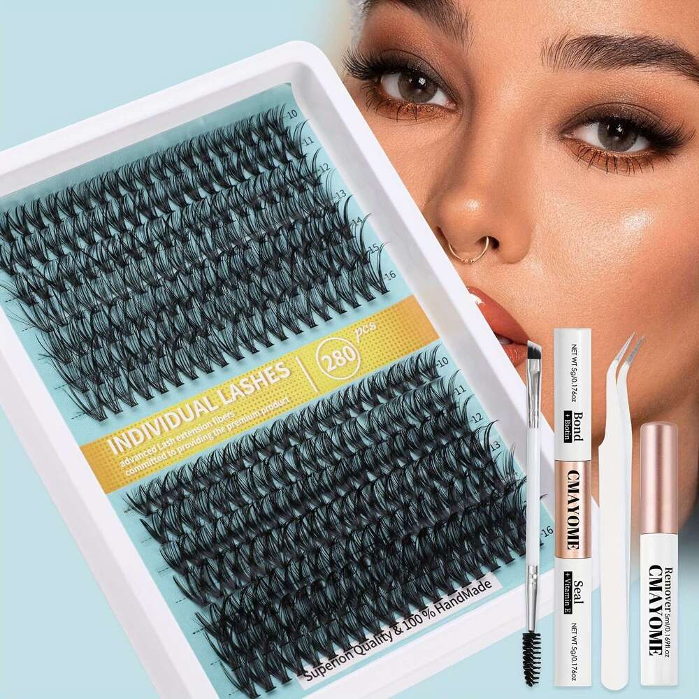 DIY extension kit containing 280 individual eyelashes, equipped with tweezers, glue, makeup remover, eyelash brush suitable for home, travel, and outd