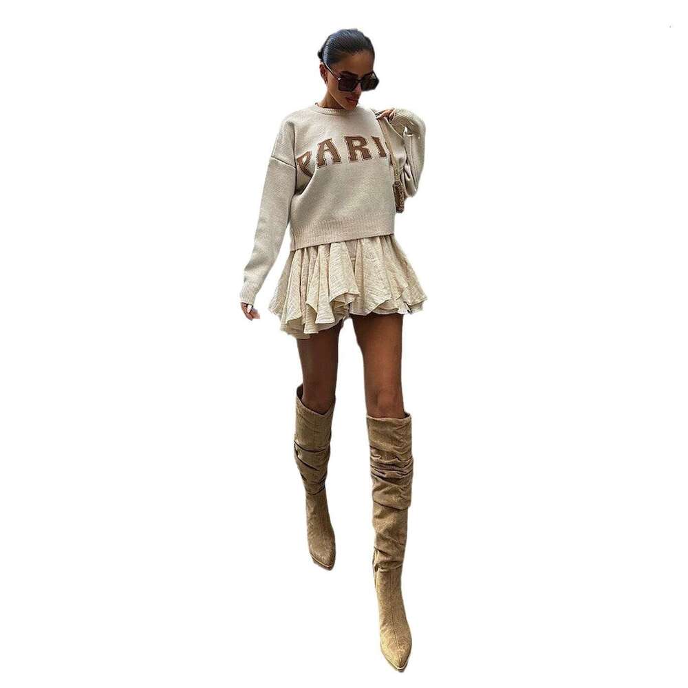 Round neck letter loose short pullover sweater versatile autumn and winter, street wide ribbed knit top with lazy style for women