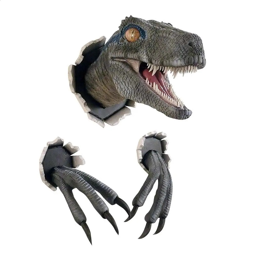 3D Wall Mounted Dinosaur Sculpture Resin Decor Prop Bursting Hanging Head with Claws Home 240907