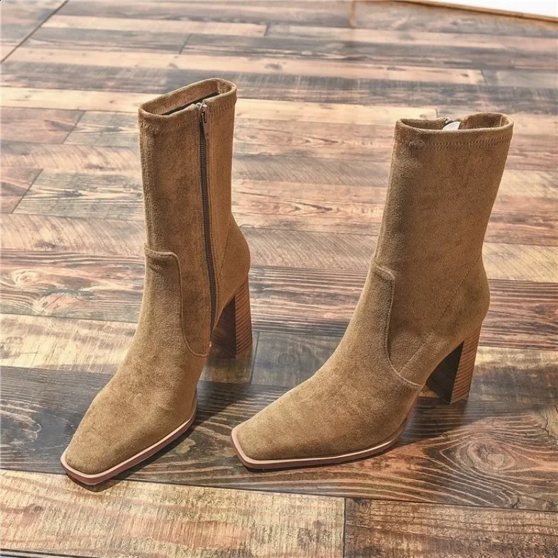 Autumn and Winter Leather Suede Mid-calf High Heel Zipper Versatile Khaki Elegant Womens Short Boots 240906 b0d6