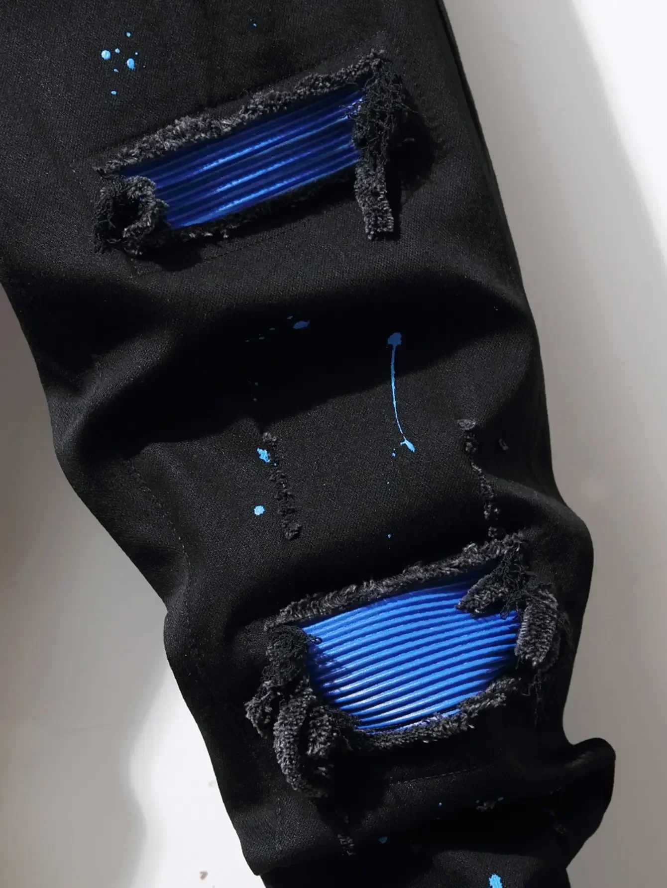 Mens jeans cool ripped skinny jeans stretchy slim denim pants patchwork work hip-hop black blue casual jogging jeans X2410261