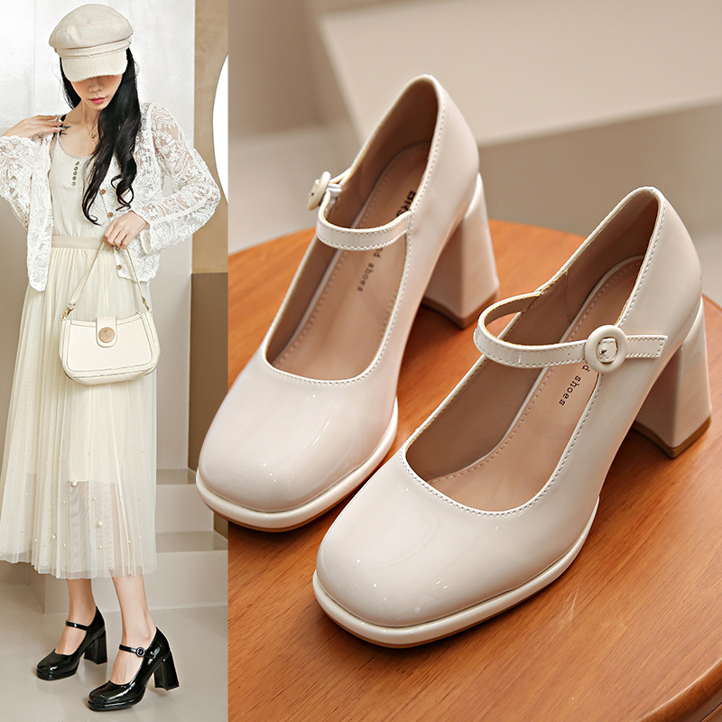 Dress shoes Classic Mid heeled boat shoe Designer shoe Belt Thick heel high heels Tassels Round head Metal Button women shoes Large size 34-41-42 us3-