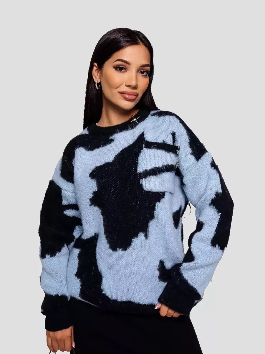 American Street Figure Geometric Printing Loose Harajuku Couple Knitted Sweater Y2k Retro Rose Red Casual Pullover Sweater 240821