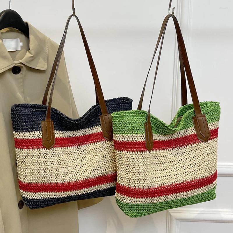 Shoulder Bags Straw Bag For Women Large Capacity Tote Color Strip Handbag Zipper Crossbody Travel Holiday Shopping