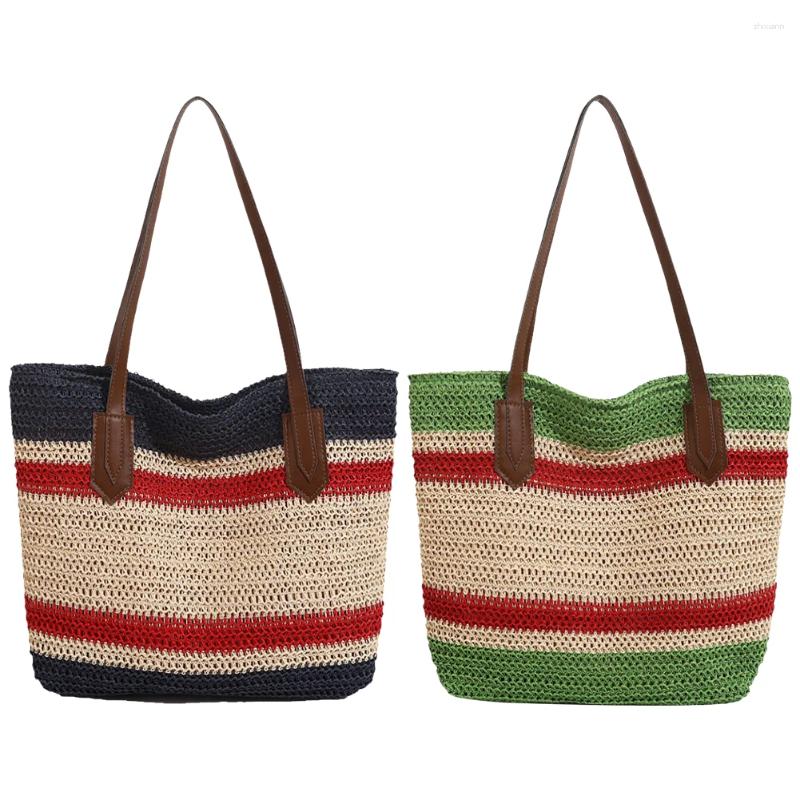 Shoulder Bags Straw Bag For Women Large Capacity Tote Color Strip Handbag Zipper Crossbody Travel Holiday Shopping