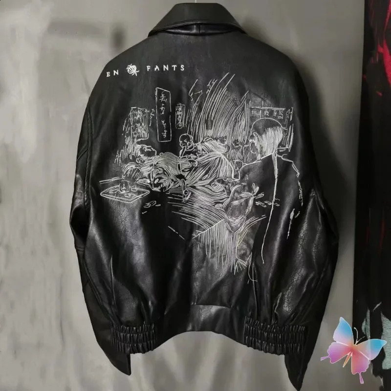 Winter High Street ERD Jackets Embroidery Zipper Pocket Black Motorcycle Leather Coats Men Women Cleanfit Streetwear 240905