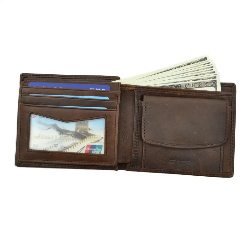 Cowboy leather mens wallet with coin pocket retro mens wallet function brown leather mens wallet with card slot 240907