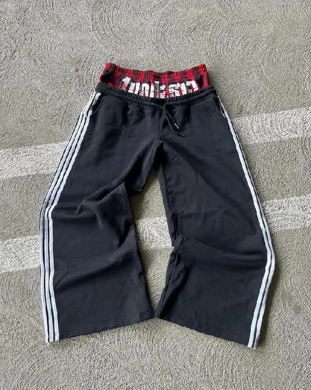 Sweatpants Y2K Womens Mens Retro Hip Hop Double Layer Stripe Embroidery Baggy Casual Pants Elastic Waist Jogging Pants 240905
