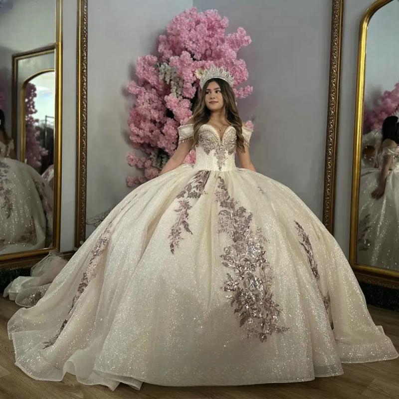 Sparkly Crystal Sequined Appliques Lace Quinceanera Dresses Ball Gown Off The Shoulder Beading Tassel Sweet 15 Birthday Party