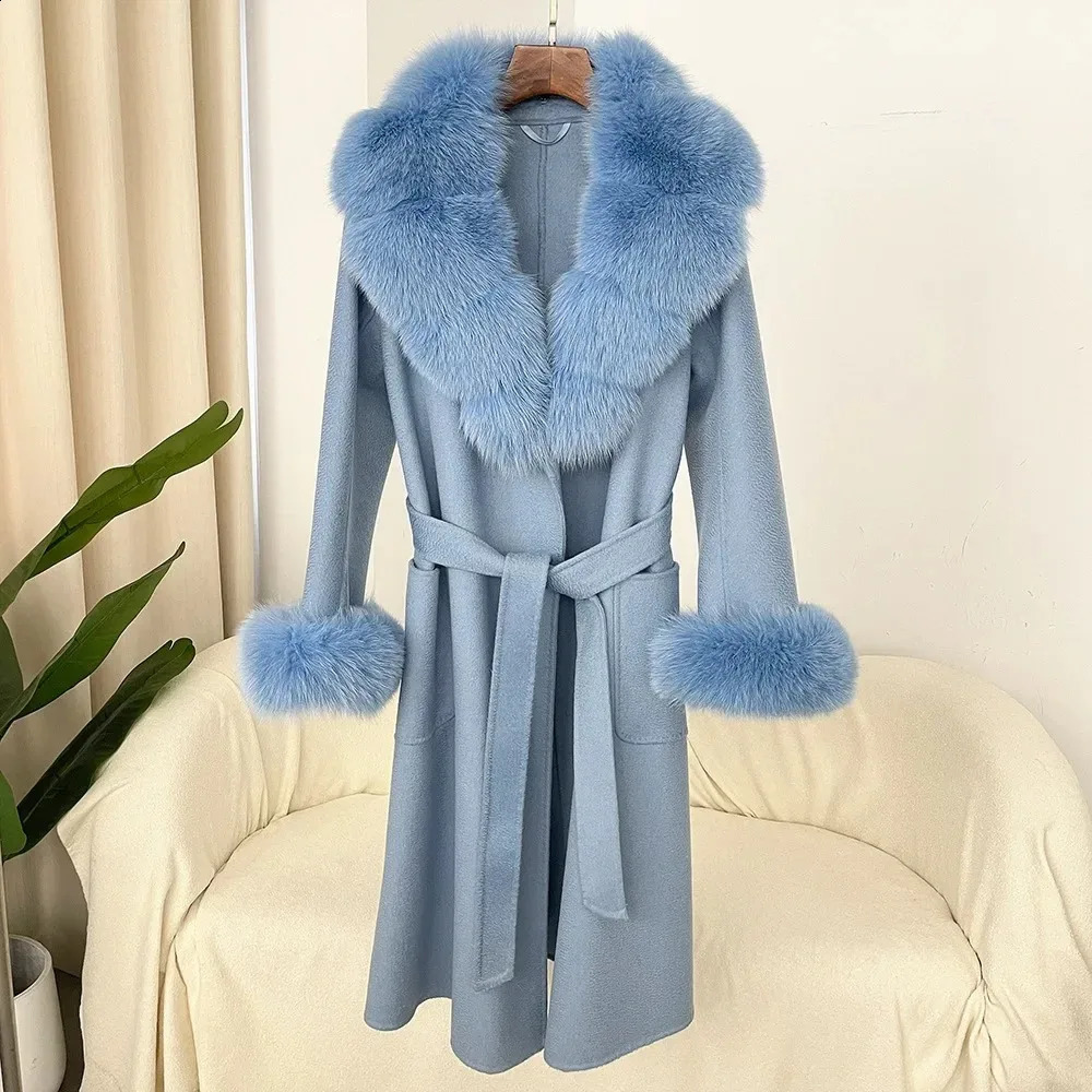 2024 Wool Coat Womens Wool Natural Fox Fur Collar True Fur Coat Winter Jacket Womens Belt Warm Coat 240909