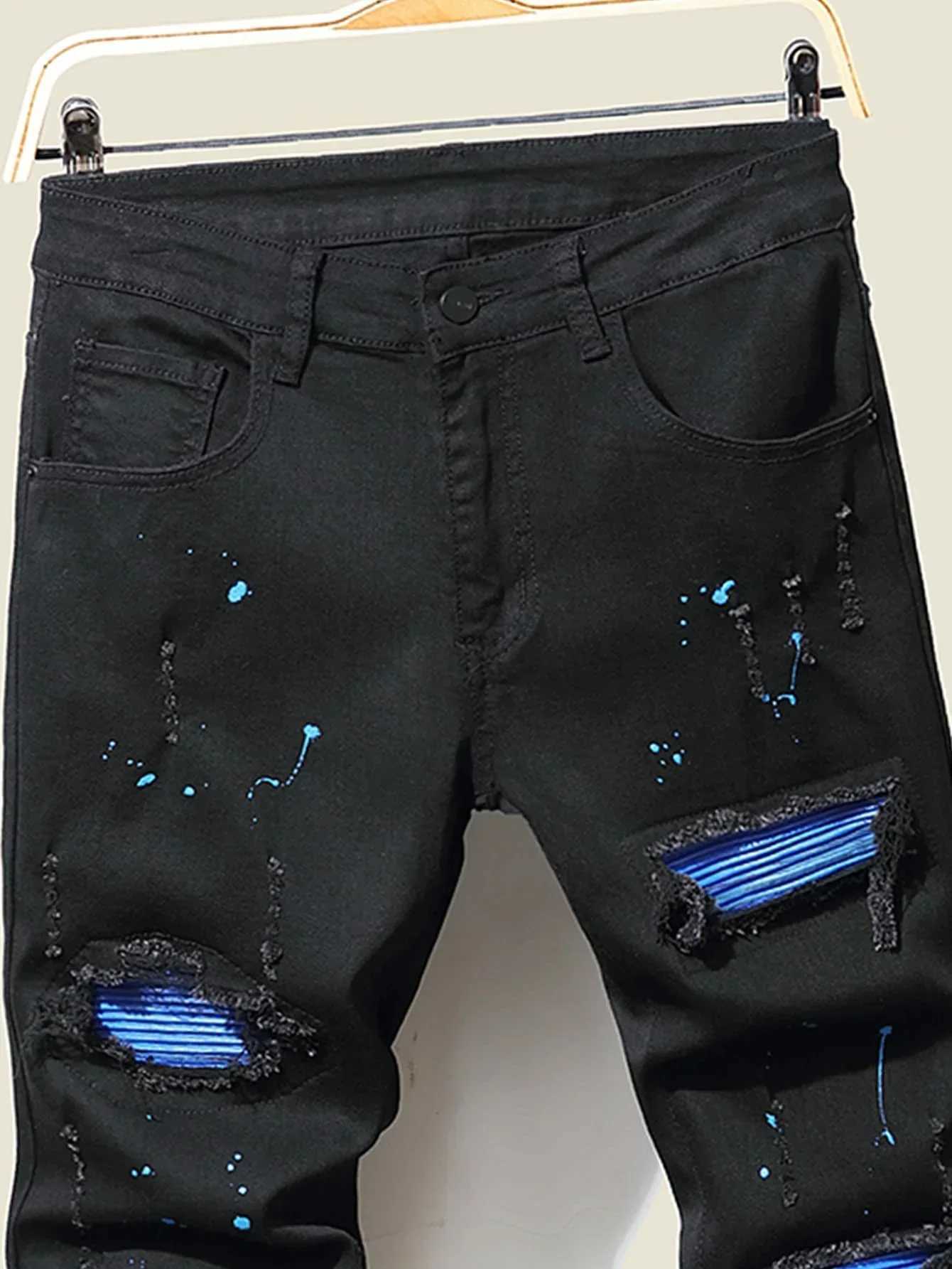 Mens jeans cool ripped skinny jeans stretchy slim denim pants patchwork work hip-hop black blue casual jogging jeans X2410261