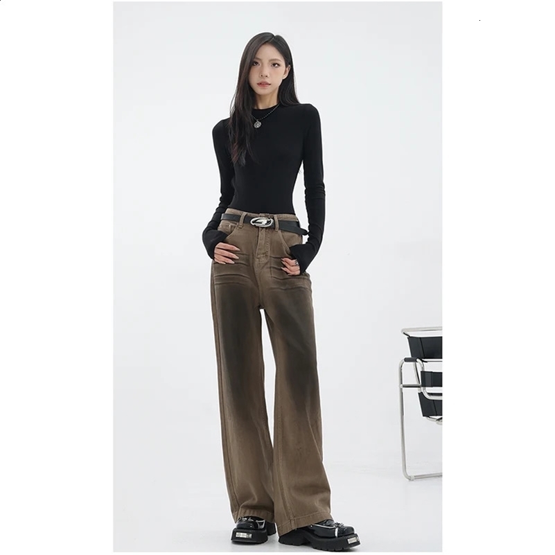 Fashion Vintage Red Straight Jeans Casual High Waist High Street Style Pants Korean Womens Wide Leg Baggy Y2K Denim Trouser 240821