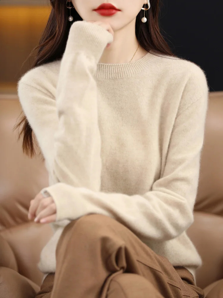 Autumn and Winter Womens Floral Style 100% Merino Wool Sweater Cashmere Top Basic O-neck Long sleeved Knitted 240909