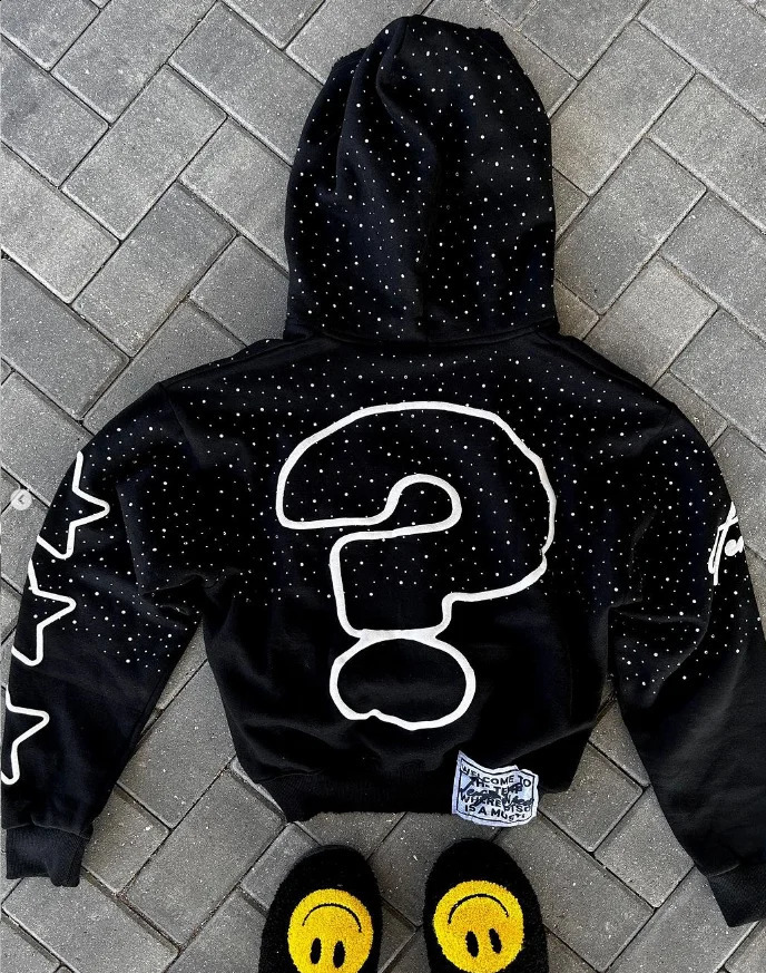 Beaded flower embossed hooded sweatshirt with zipper fashionable street and European American 240909