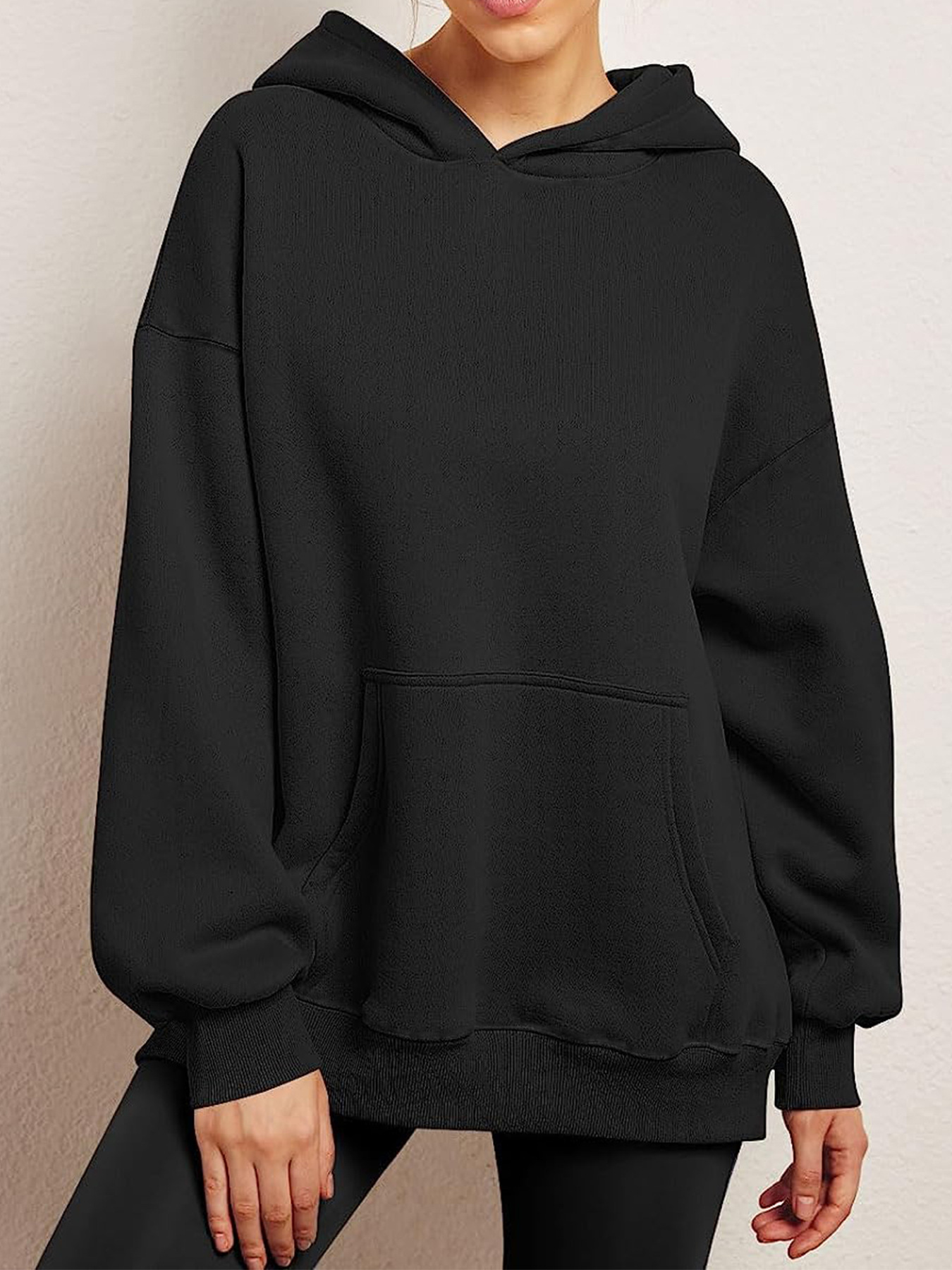 2024 women's autumn and winter new item solid color loose hooded long sleeved sweatshirt