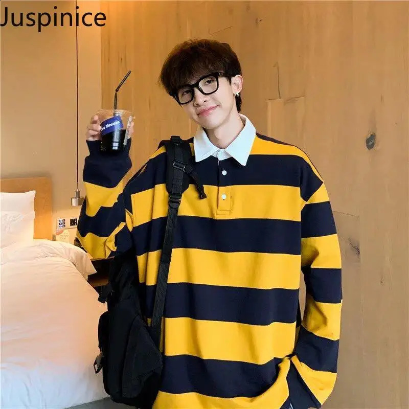 Spring Autumn Lapel Long Sleeve Striped POLO Shirts Fashion Mens Loose Casual High Street Personalized Shirt Male Clothes 240908