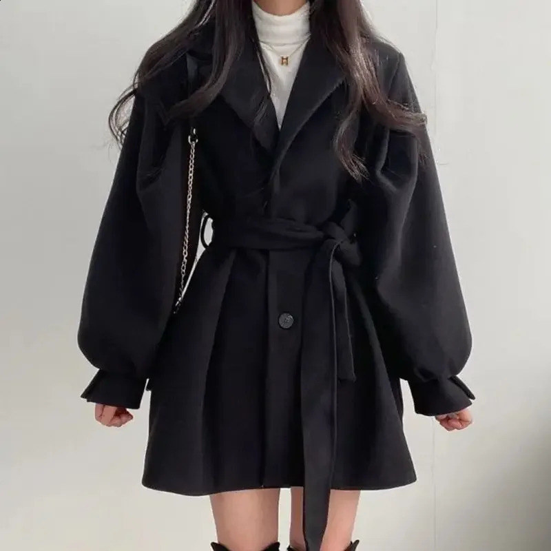 Black wool jacket womens autumn/winter trend mid length Korean style suit collar small wool coat 240909