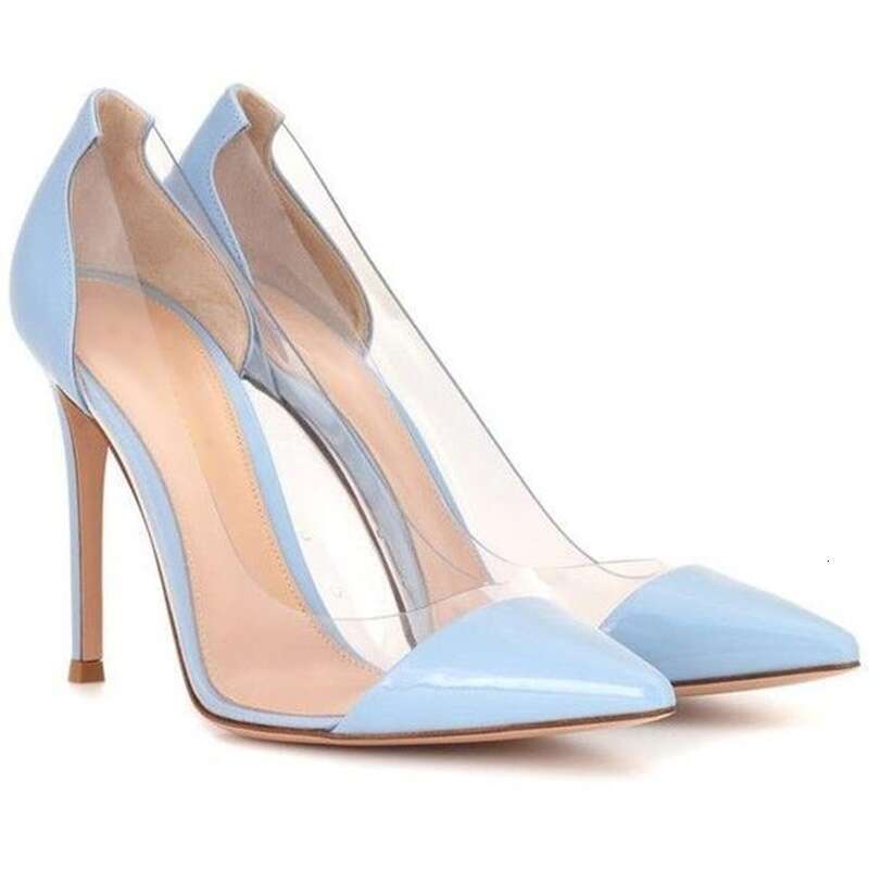 Sexy Patchwork PVC Transparent Stiletto Heels 12Cm Dress Pumps Shallow Pointed Toe Wedding Shoes Bride Gold Pink Blue