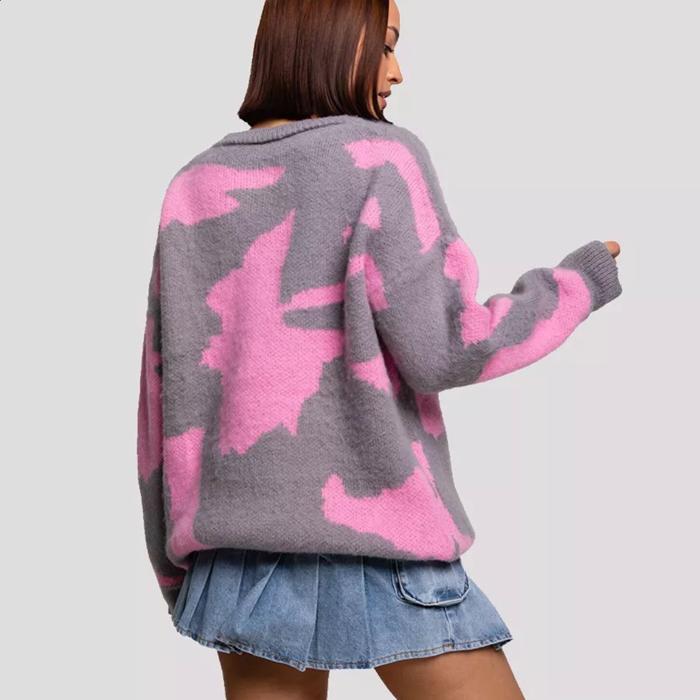 American Street Figure Geometric Printing Loose Harajuku Couple Knitted Sweater Y2k Retro Rose Red Casual Pullover Sweater 240821
