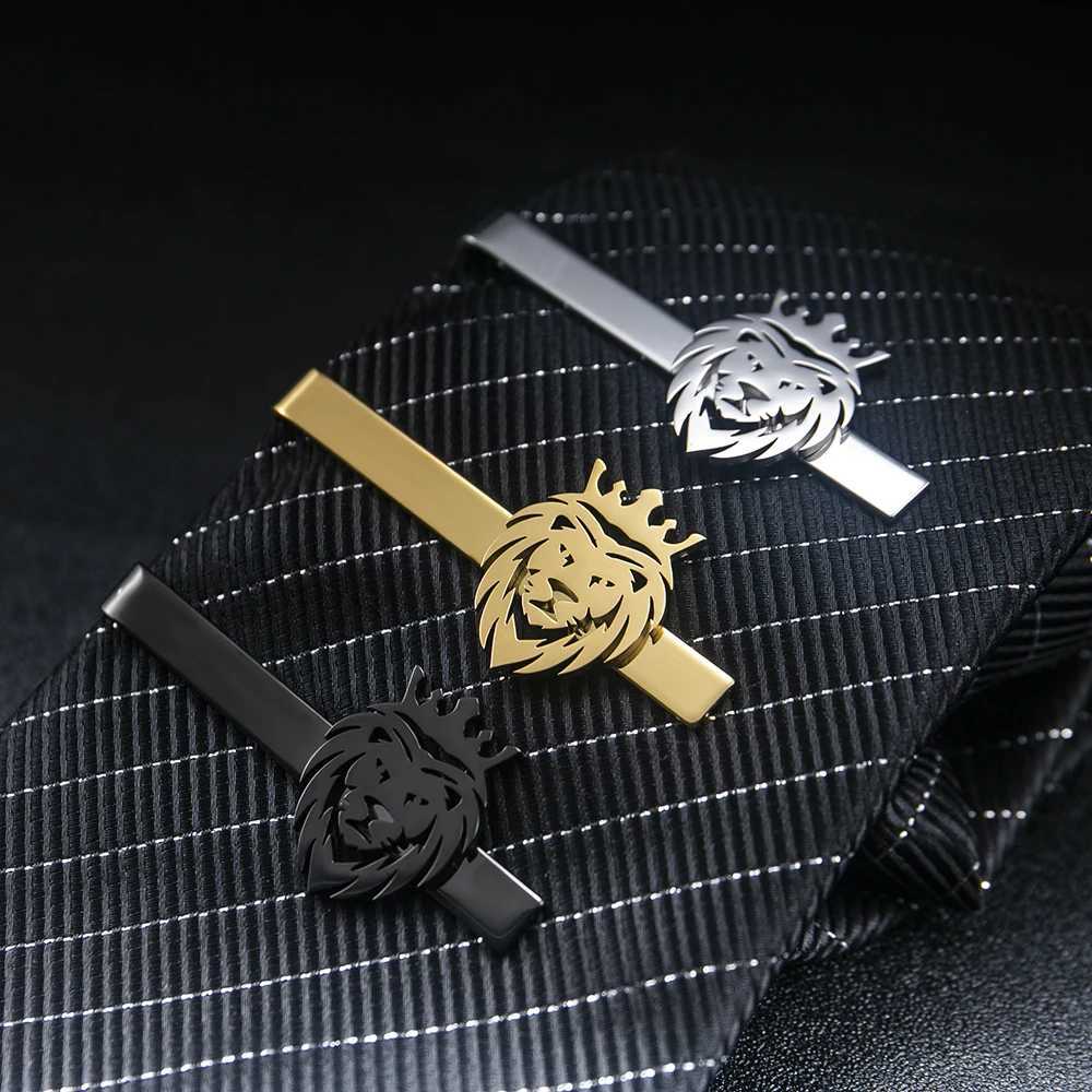 Tangula Punk Crown Lion Tie Clip Stainless Steel Mens Animal Hip Hop Party Accessories Necklace Clip Groom Wedding Jewelry W240907