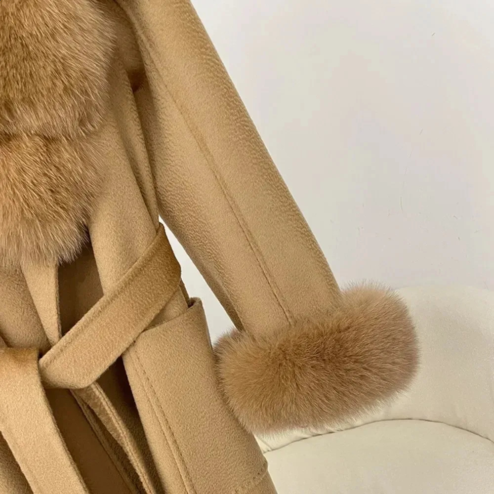 2024 Wool Coat Womens Wool Natural Fox Fur Collar True Fur Coat Winter Jacket Womens Belt Warm Coat 240909