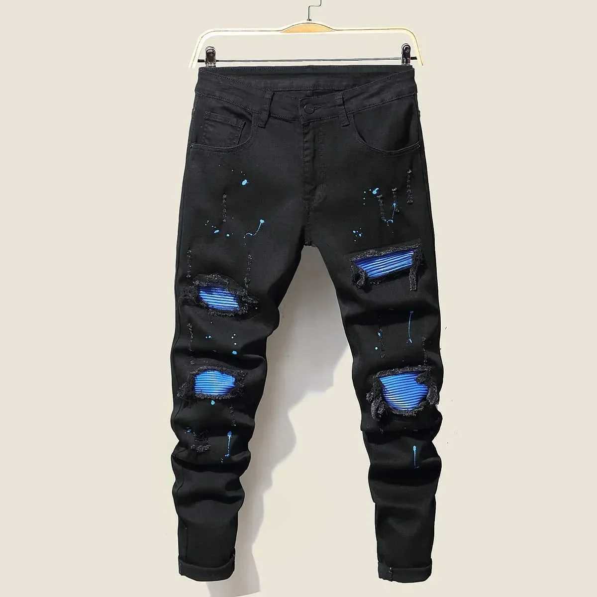 Mens jeans cool ripped skinny jeans stretchy slim denim pants patchwork work hip-hop black blue casual jogging jeans X2410261