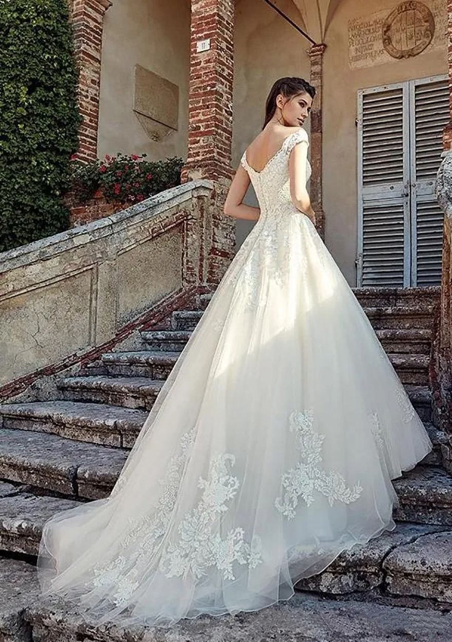 Custom Gorgeous Off Shoulder Lace Wedding Dresses V Neck Applique Sweep Train Bridal Gowns vestido de novia