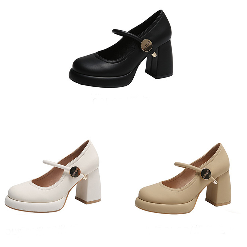 Dress shoes Classic Mid heeled boat shoe Designer shoe Belt buckle Thick heel high heels Tassels Round head Metal Button women shoes Large size 35-40-