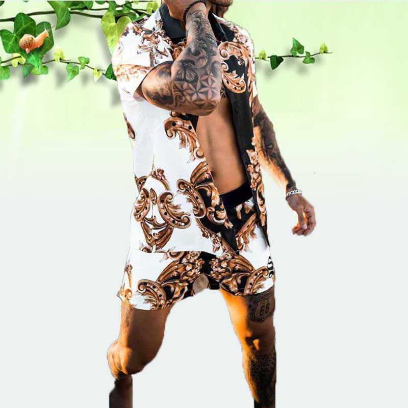 Mens Tracksuits Fashion Print Sets Short Sleeve Shirt+Shorts 2Pcs Suit Loose 2024 Summer Casual Beachwear Male Vacation Hawaiian Outfits