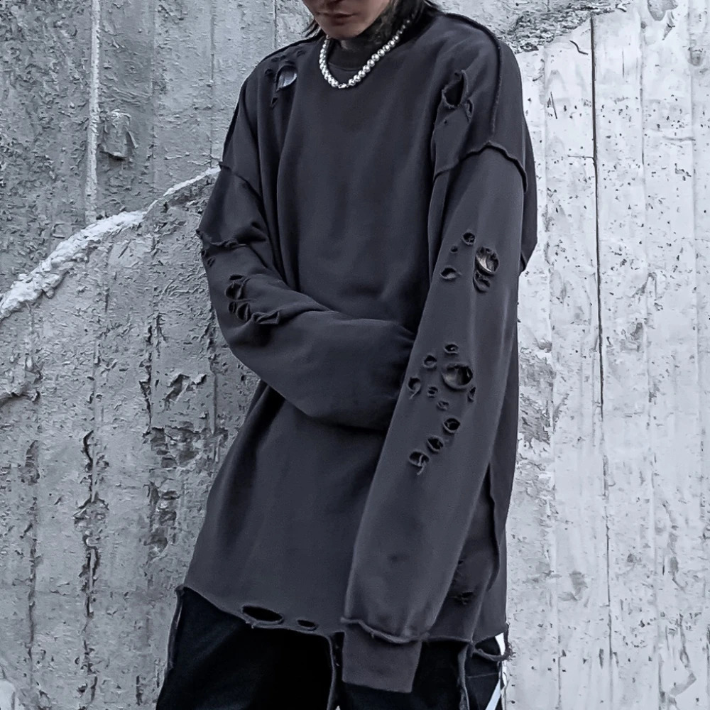 Long sleeved ripped sweatshirt with shoulder drop Sloth Goth Streetwear Ripped Holes Pulleys mens spring Grunge clothing top 240905