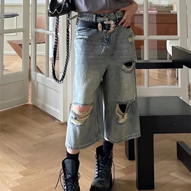 HOUZHOU Vintage Blue Ripped Short Jeans Women Oversized Distressed Jorts Y2k Grunge Baggy Boyfriend Denim Shorts Wide Streetwear 240821