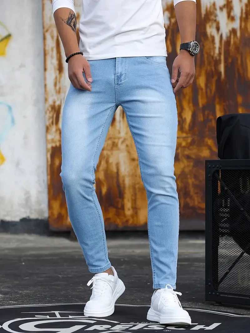 Mens pants vintage washed zipper stretch jeans casual slim fit mens Trouser plus size pencil pants denim tight jeans X2410261