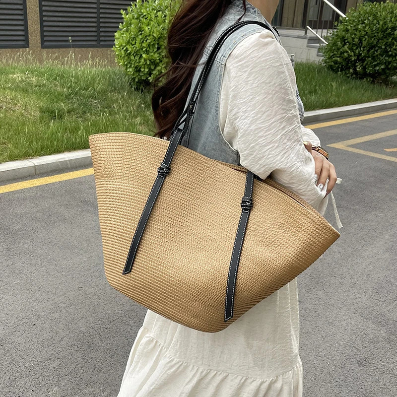 Large Grass Bag Beach Shopping Bag Rattan Womens Shoulder Bag Womens Handmade Grass Basket Summer Handbag 240907