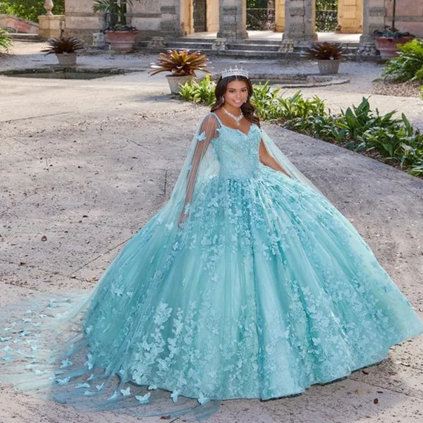 Butterfly Appliques Ball Gown Quinceanera Dresses Cape Bead Sweet 16 Dress Corset Sweep Train Tulle Masquerade Gowns 0909