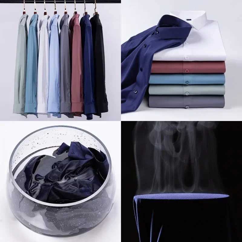New elastic wrinkle resistant mens shirt long sleeved dress suitable for slim fitting Camissa social business shirt white shirt S-8XL X2410071