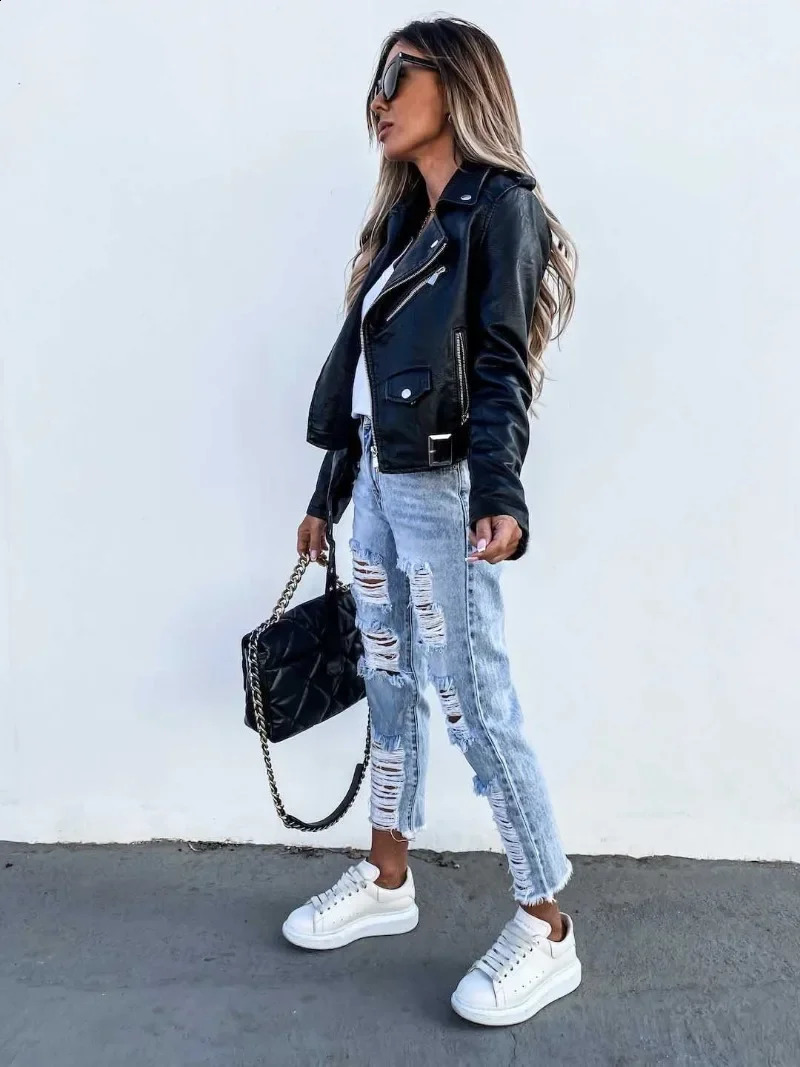 womens leather jacket PU leather jacket motorcycle short zipper 240909