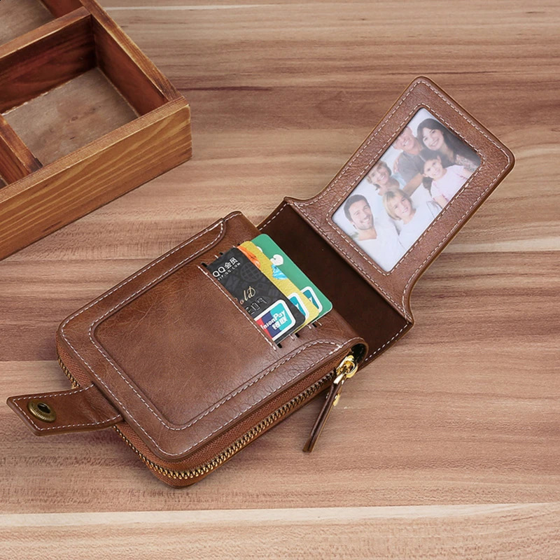 Retro Mini Mens Wallet Pu Leather Short Wallet Mens Buckle Zipper Clutch Solid Door Feuille Hommes Door Monnaie Homme 240914