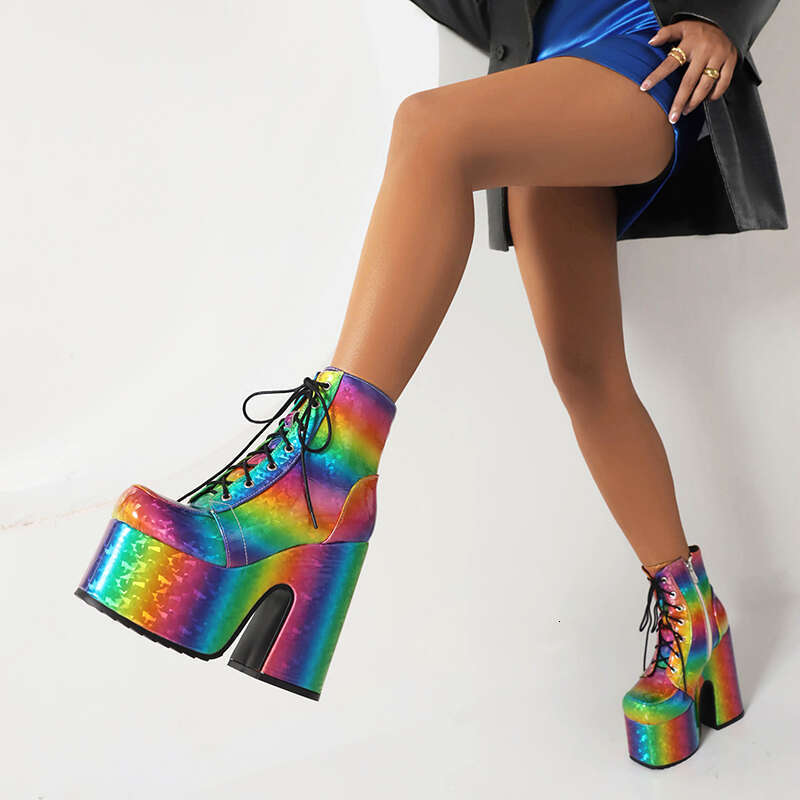 Rainbow Glossy Patent Leather Platform Fashion Short Square Toe Super Chunky Heel Punk Style Bat Print Women Boots
