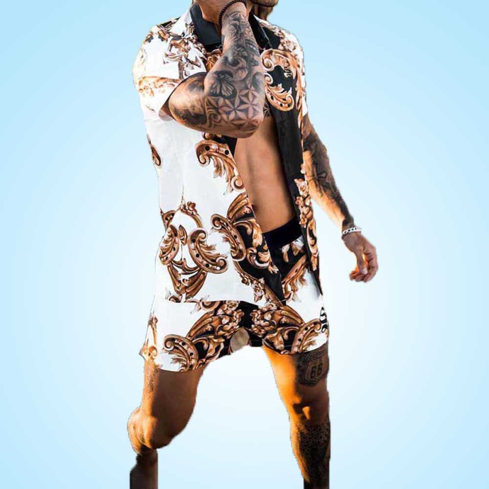 Mens Tracksuits Fashion Print Sets Short Sleeve Shirt+Shorts 2Pcs Suit Loose 2024 Summer Casual Beachwear Male Vacation Hawaiian Outfits