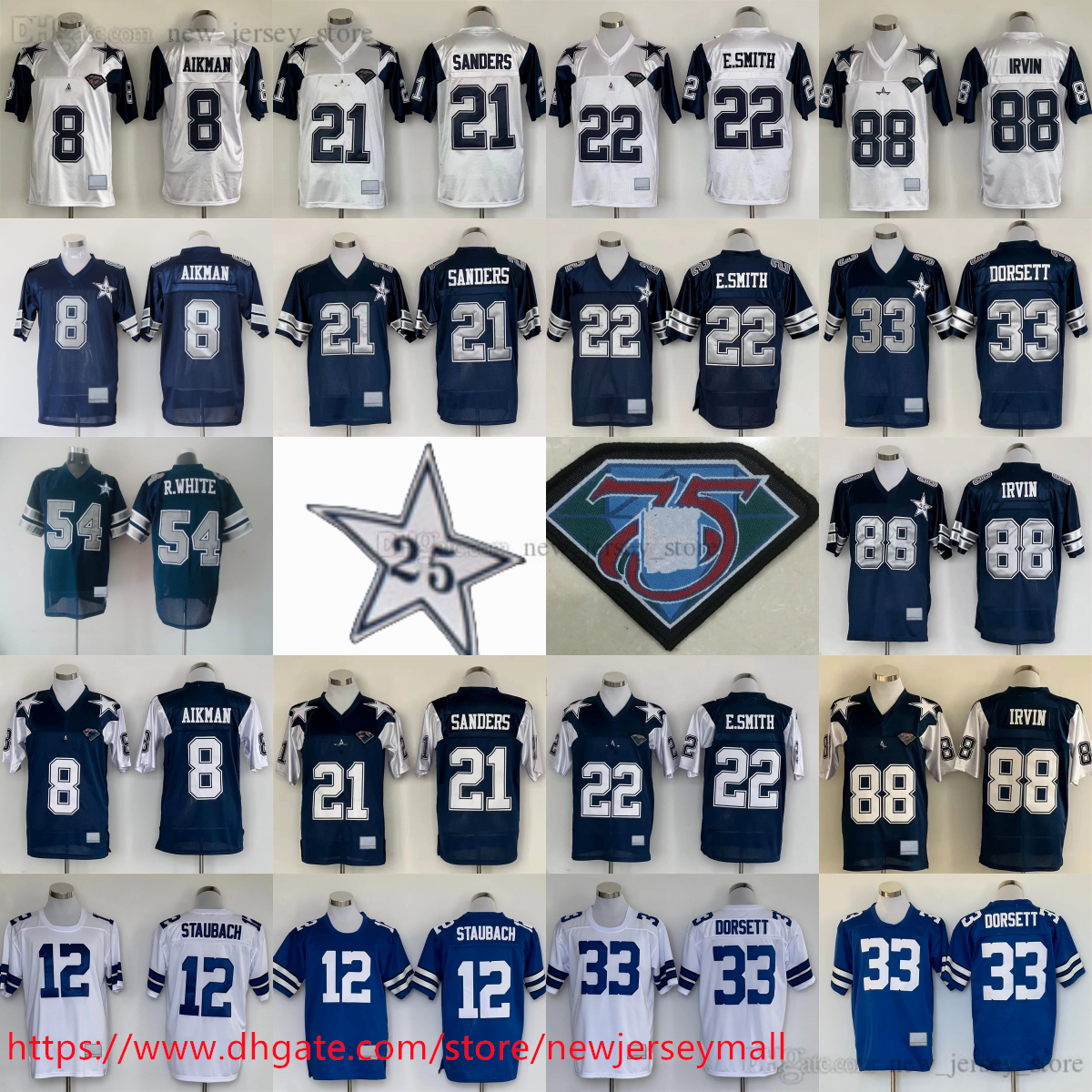 College 1994 Throwback 25th Football 21 Deion Sanders Jersey 75th Retro Vintage 88 Michael Irvin 8 Troy Aikman 22 Emmitt Smith 33 Tony Dorsett 12 Roger Staubach Jersey