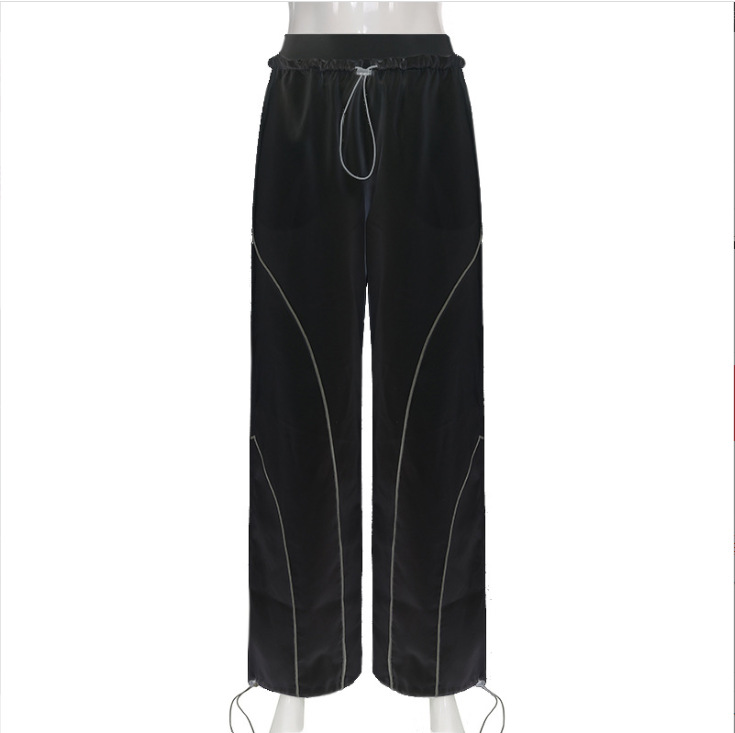Spot Ins Fashion Europe And America 2025 New Spice Girl High Drawstring Elastic Waist Pig Nose Buckle Wide Leg Hip-Hop Skateboard Sports Skills Pants